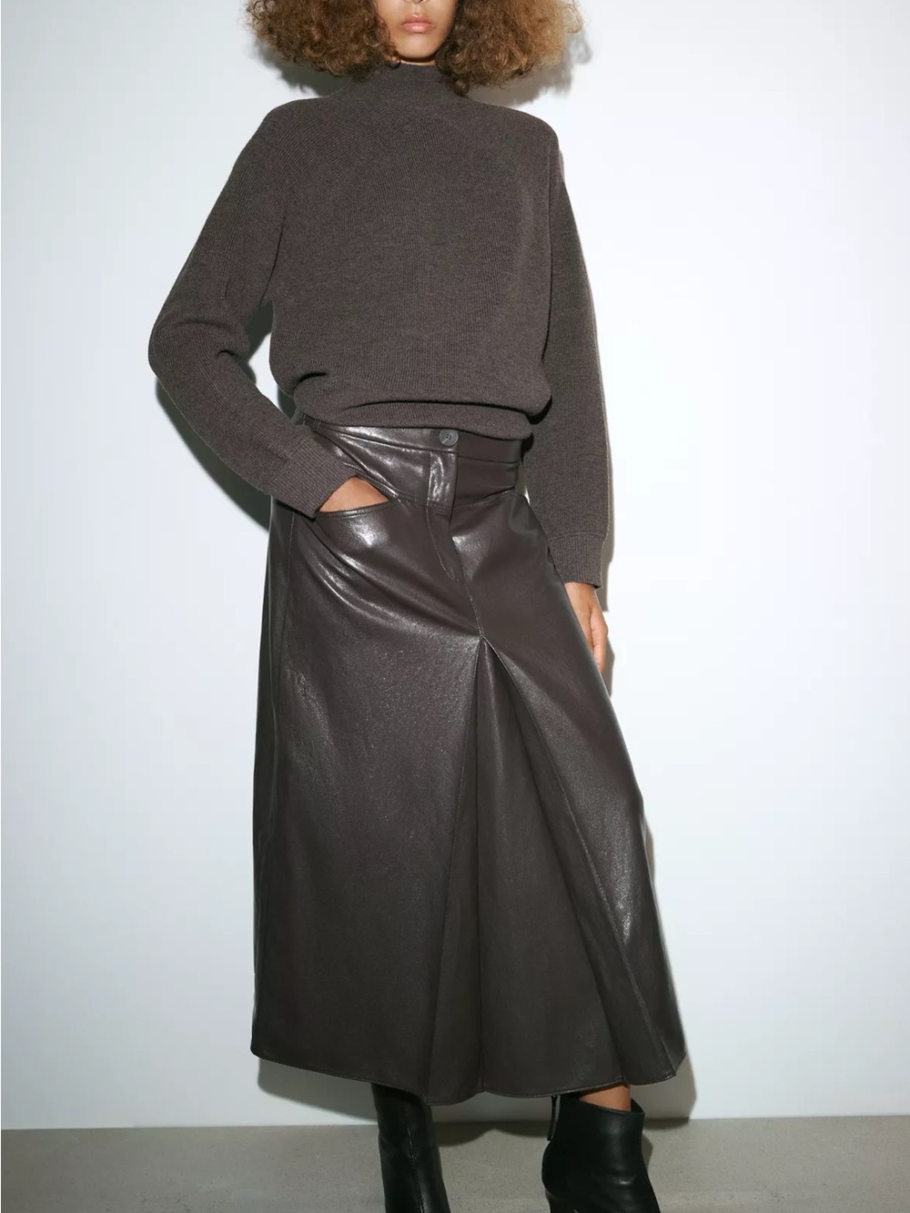 Women’s Dark Brown Faux Leather Midi Skirt